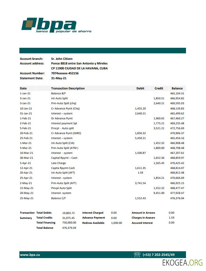 Relevé bancaire Cuba Banco Popular de Ahorro (BPA) modèle facile à remplir au format Excel et PDF
